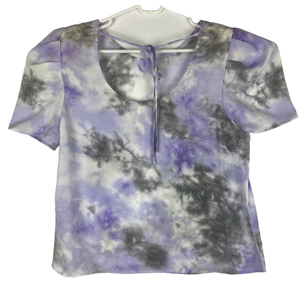 Women’s Lavender Tie Dye Puff Sleeve Top Open Back Bow Detail Size M - Picture 2 of 12